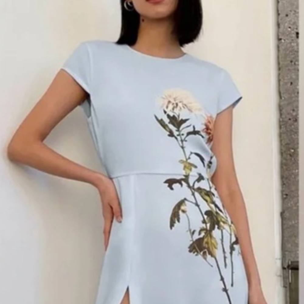 Babaton Hamptons Glimmer Light Blue Floral Slit Midi Dress 2 NWT
